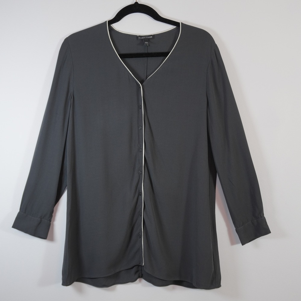 Eileen Fisher 100% Silk Gray Tunic Blouse Small White Trim Button Front Top